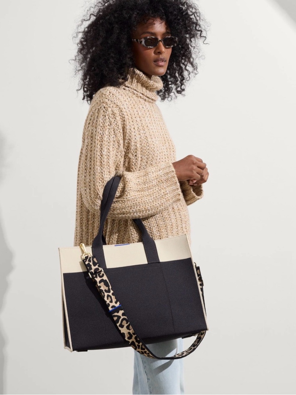 Rothy's Black and Cream Classic Tote (in Luna) w/ Desert Cat crossbody strap
